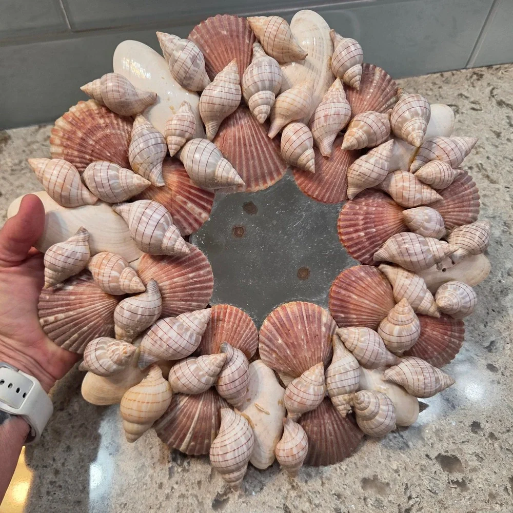 Vintage Natural Seashell Round Wall Mirror 11.5in Coastal Beach House Nautical